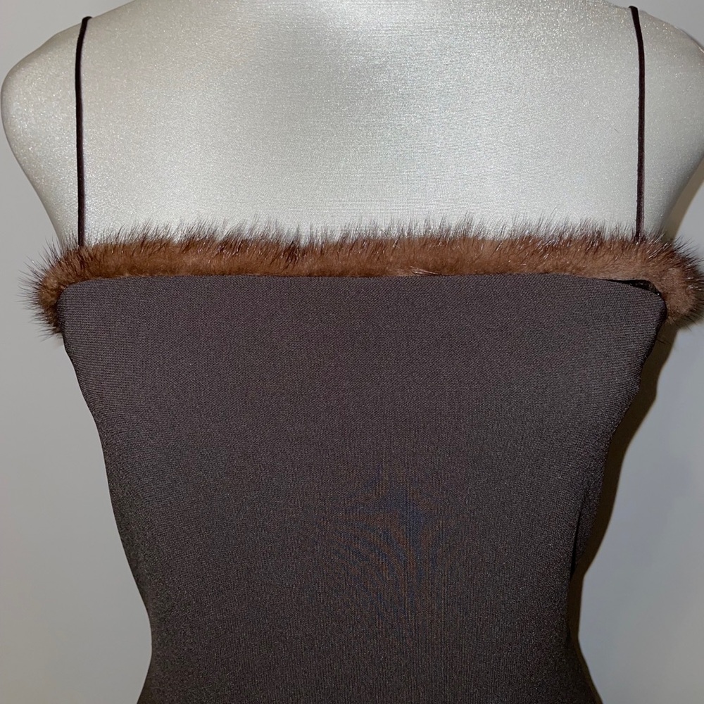 Tahari Striking Mink trimmed Spaghetti Strap Dress - Picture 5 of 13